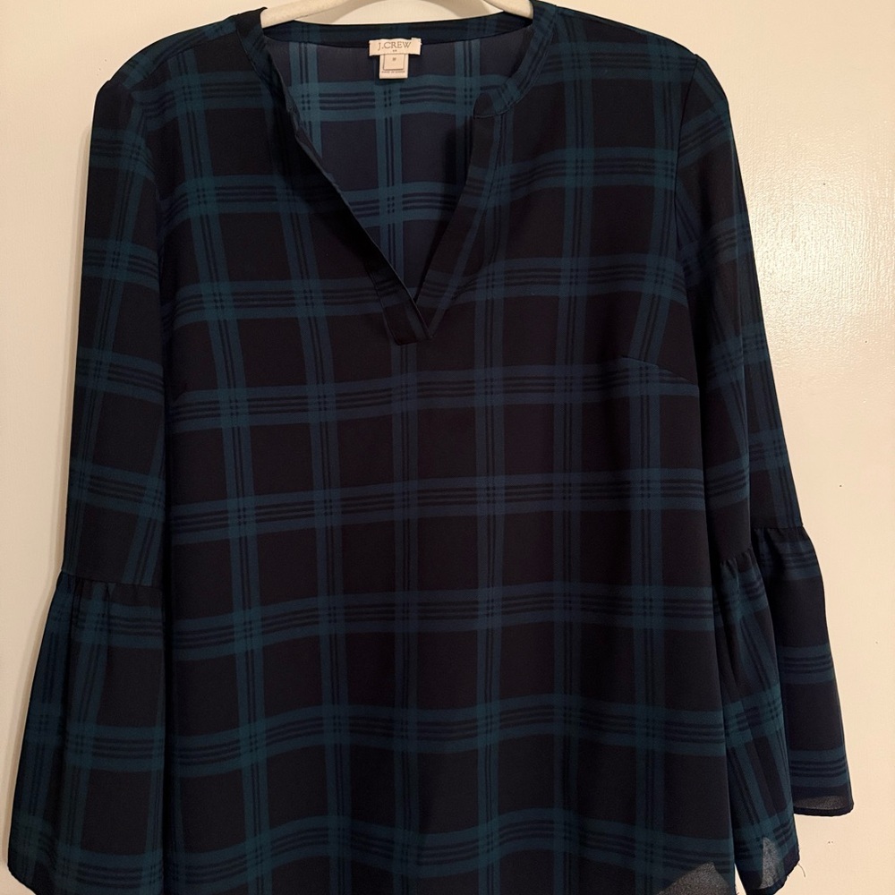 J. Crew Navy and Green Tartan Blouse